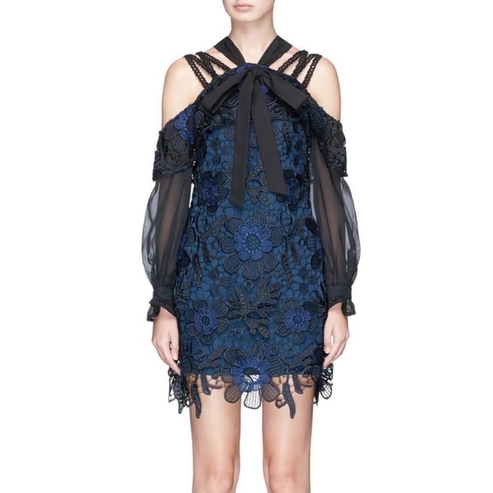 Self-Portrait 3D Floral Lace Dress Mini Dress Sz US 2 UK 6 Black Blue